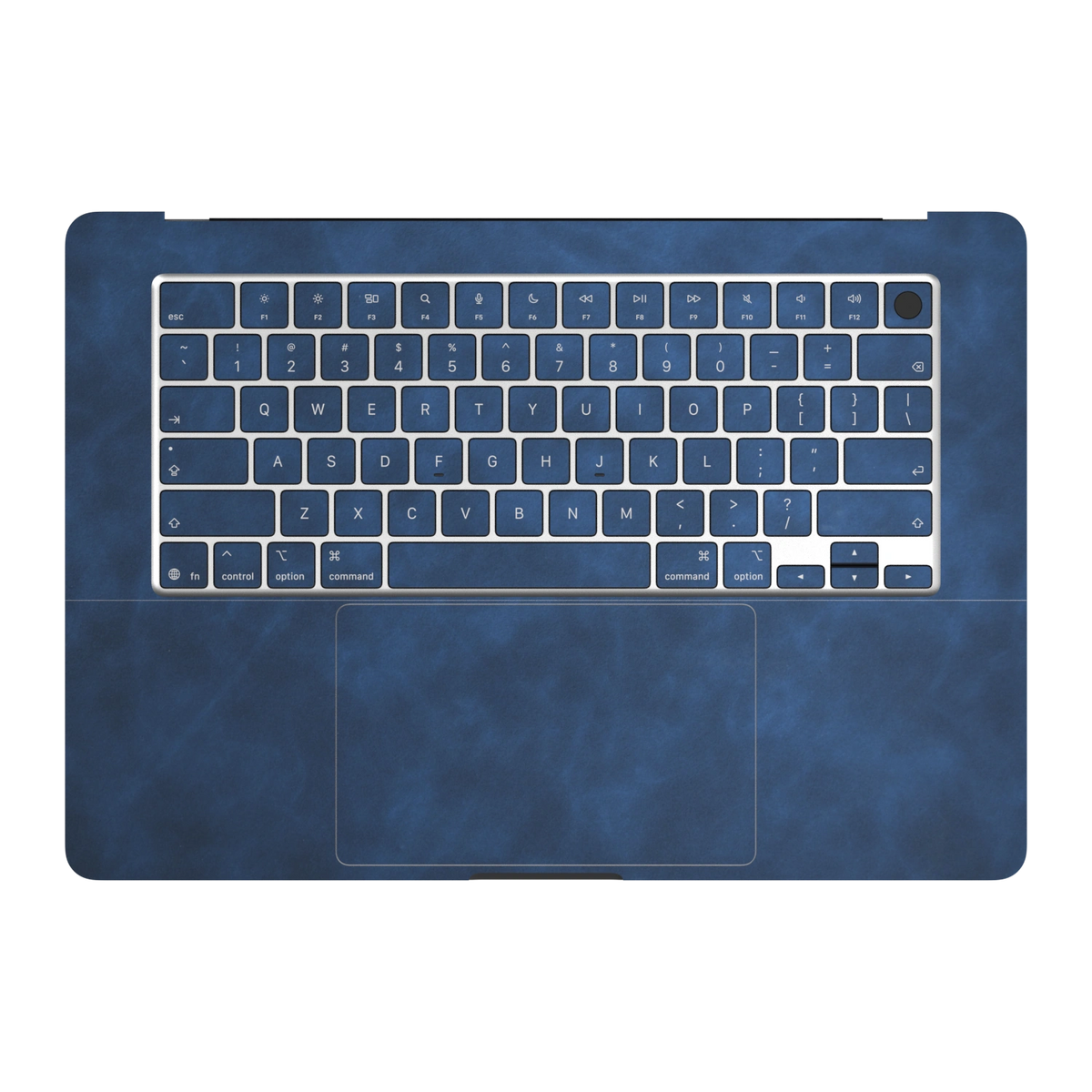 Dark Gray Blue scrub-textured synthetic leather MacBook skin. Inside (C) and matching keycap material illustration. Air 15.3 M3-M5 shared material/installation reference; exact cutouts and included pieces follow selected model and coverage. Laptop not included.