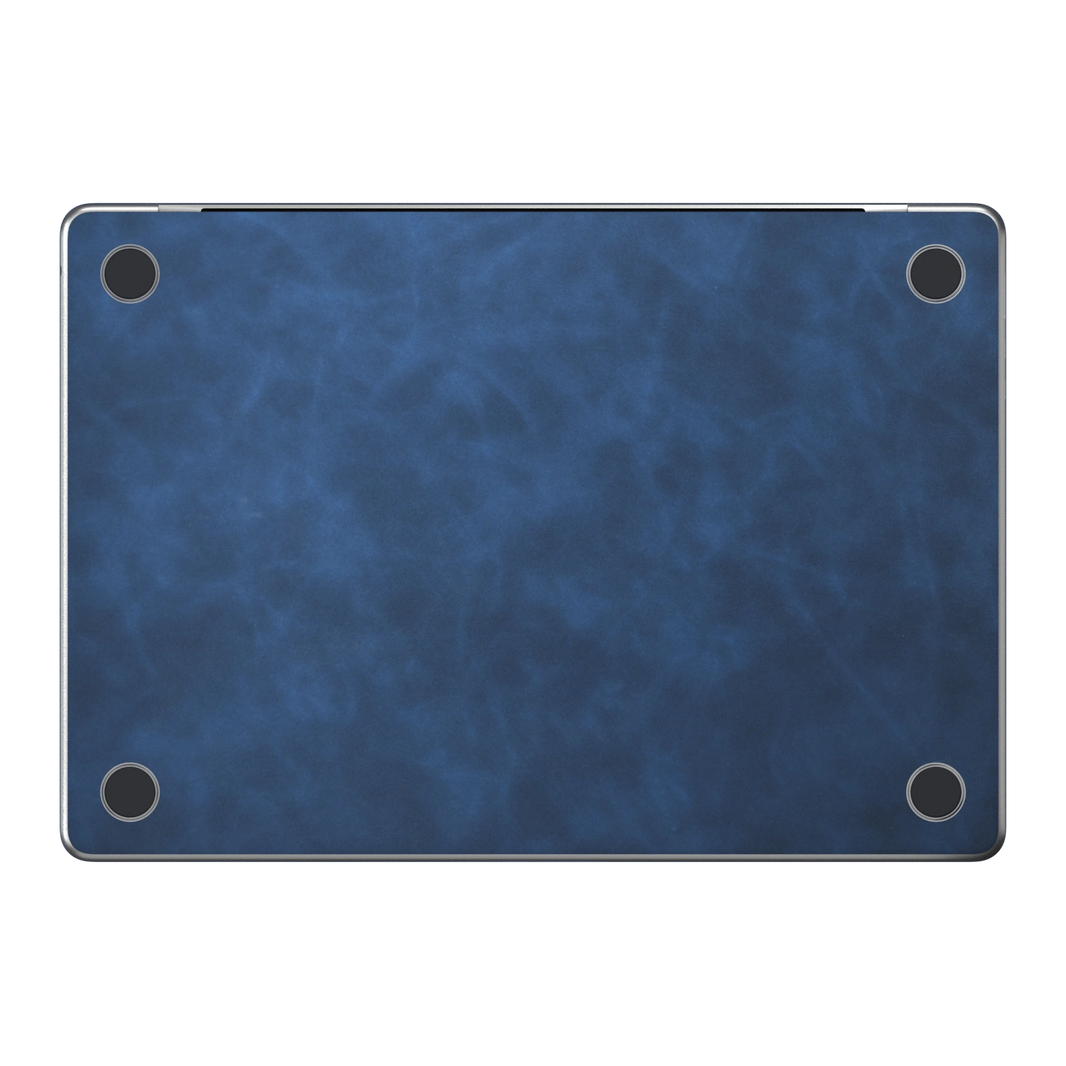 Dark Gray Blue scrub-textured synthetic leather MacBook skin. Bottom (D) material illustration; included only with bottom coverage. Air 15.3 M3-M5 shared material/installation reference; exact cutouts and included pieces follow selected model and coverage. Laptop not included.