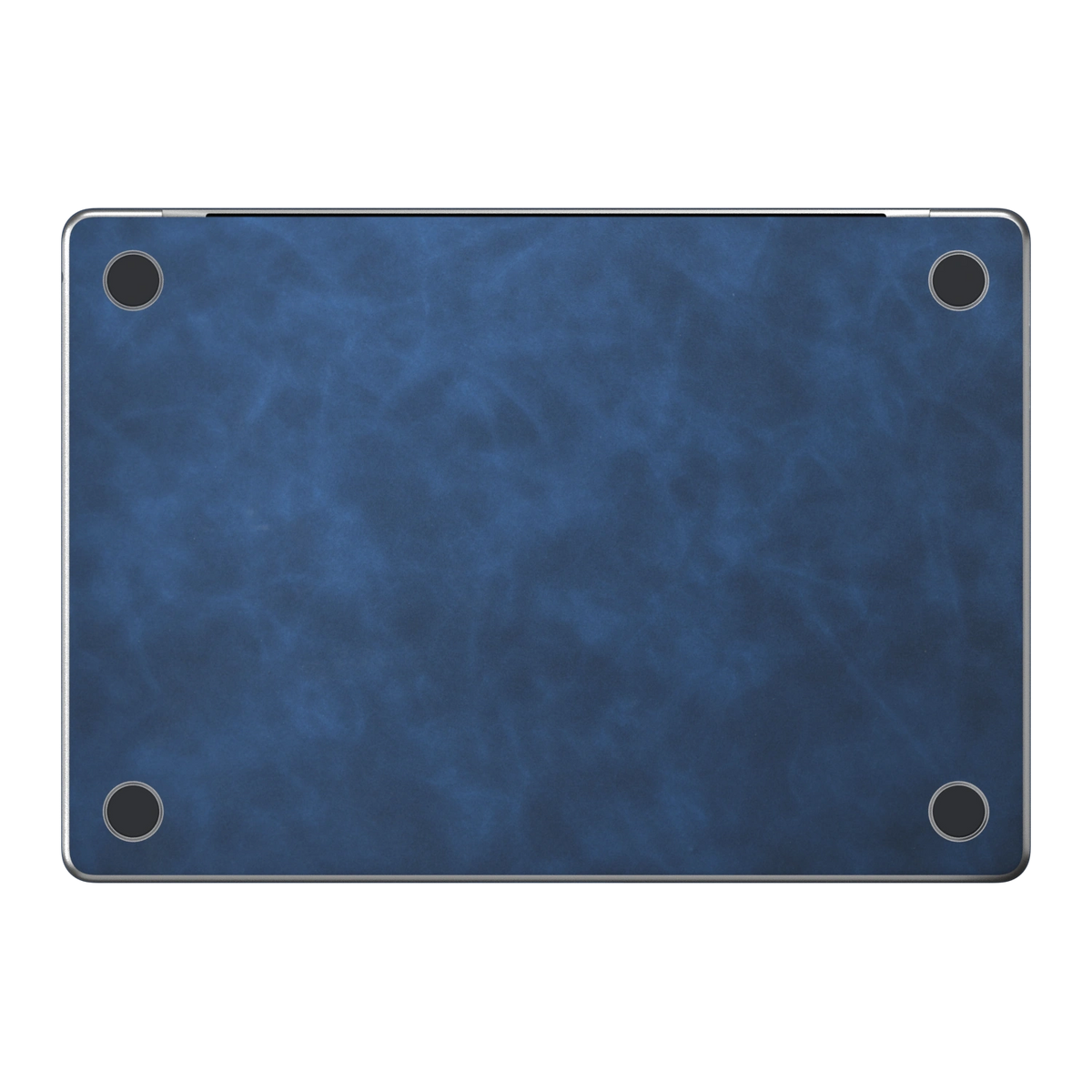 Dark Gray Blue scrub-textured synthetic leather MacBook skin. Bottom (D) material illustration; included only with bottom coverage. Air 15.3 M3-M5 shared material/installation reference; exact cutouts and included pieces follow selected model and coverage. Laptop not included.