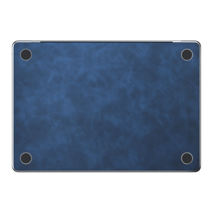 Dark Gray Blue scrub-textured synthetic leather MacBook skin. Bottom (D) material illustration; included only with bottom coverage. Air 15.3 M3-M5 shared material/installation reference; exact cutouts and included pieces follow selected model and coverage. Laptop not included.