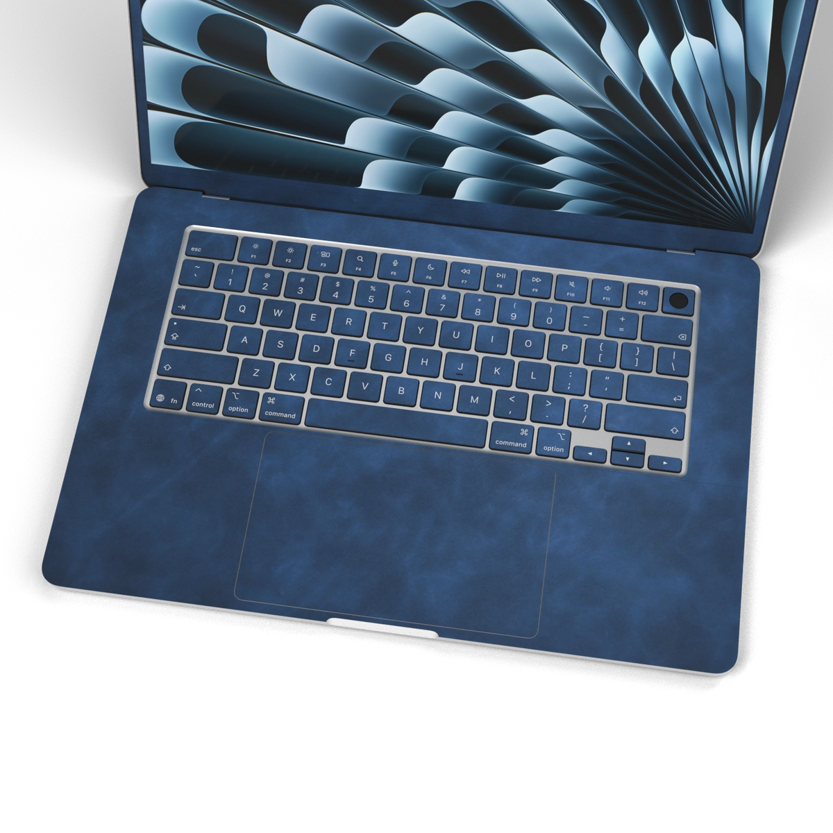Dark Gray Blue scrub-textured synthetic leather MacBook skin. Wide keyboard and inside material detail. Air 15.3 M3-M5 shared material/installation reference; exact cutouts and included pieces follow selected model and coverage. Laptop not included.