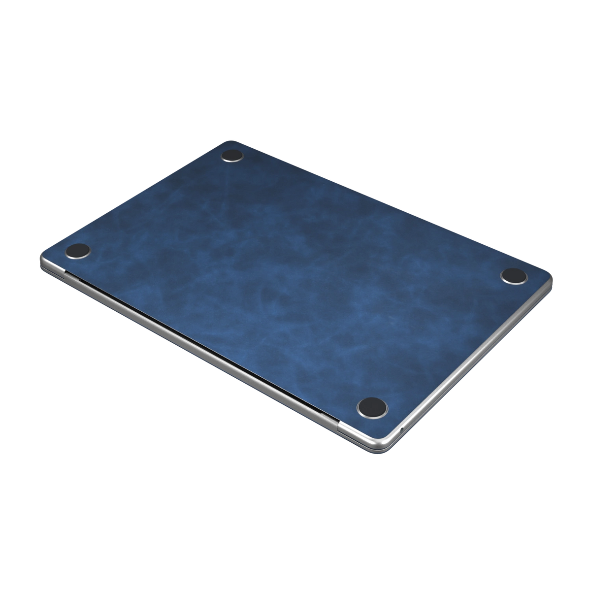 Dark Gray Blue scrub-textured synthetic leather MacBook skin. Bottom material detail. Air 15.3 M3-M5 shared material/installation reference; exact cutouts and included pieces follow selected model and coverage. Laptop not included.