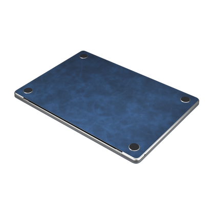 Dark Gray Blue scrub-textured synthetic leather MacBook skin. Bottom material detail. Air 15.3 M3-M5 shared material/installation reference; exact cutouts and included pieces follow selected model and coverage. Laptop not included.