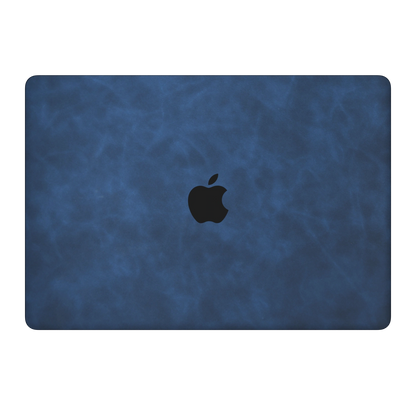Dark Gray Blue scrub-textured synthetic leather MacBook skin. Top Lid coverage: A only. Air 15.3 M3-M5 shared material/installation reference; exact cutouts and included pieces follow selected model and coverage. Laptop not included.