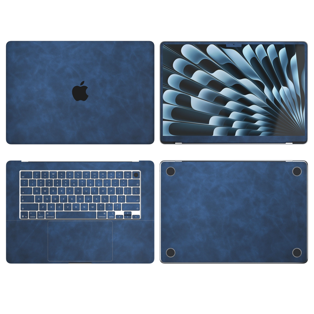 Dark Gray Blue scrub-textured synthetic leather MacBook skin. Top Inside Bottom & Screen edge coverage: A, B, C and D with matching keycaps, where supported by selected model. Air 15.3 M3-M5 shared material/installation reference; exact cutouts and included pieces follow selected model and coverage. Laptop not included.