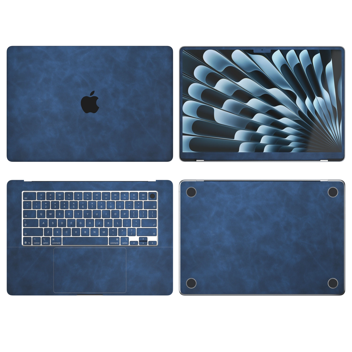 Dark Gray Blue scrub-textured synthetic leather MacBook skin. Top Inside Bottom & Screen edge coverage: A, B, C and D with matching keycaps, where supported by selected model. Air 15.3 M3-M5 shared material/installation reference; exact cutouts and included pieces follow selected model and coverage. Laptop not included.