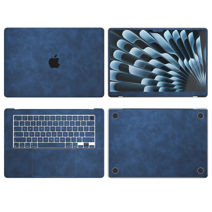 Dark Gray Blue scrub-textured synthetic leather MacBook skin. Top Inside Bottom & Screen edge coverage: A, B, C and D with matching keycaps, where supported by selected model. Air 15.3 M3-M5 shared material/installation reference; exact cutouts and included pieces follow selected model and coverage. Laptop not included.