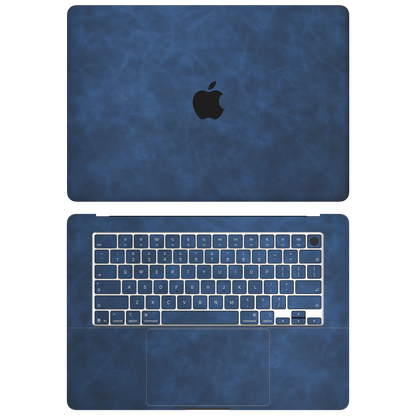 Dark Gray Blue scrub-textured synthetic leather MacBook skin. Top+Inside coverage: A and C with matching keycaps; no bottom or screen-edge pieces. Air 15.3 M3-M5 shared material/installation reference; exact cutouts and included pieces follow selected model and coverage. Laptop not included.