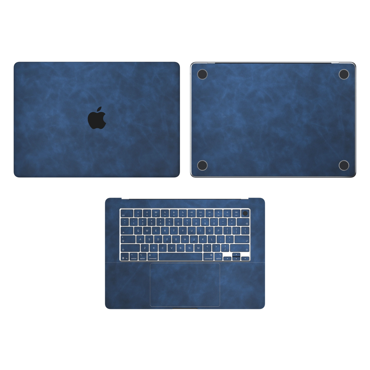 Dark Gray Blue scrub-textured synthetic leather MacBook skin. Top Inside & Bottom Wraps coverage: A, C and D with matching keycaps; no screen edge. Air 15.3 M3-M5 shared material/installation reference; exact cutouts and included pieces follow selected model and coverage. Laptop not included.
