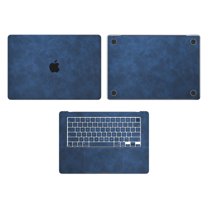 Dark Gray Blue scrub-textured synthetic leather MacBook skin. Top Inside & Bottom Wraps coverage: A, C and D with matching keycaps; no screen edge. Air 15.3 M3-M5 shared material/installation reference; exact cutouts and included pieces follow selected model and coverage. Laptop not included.