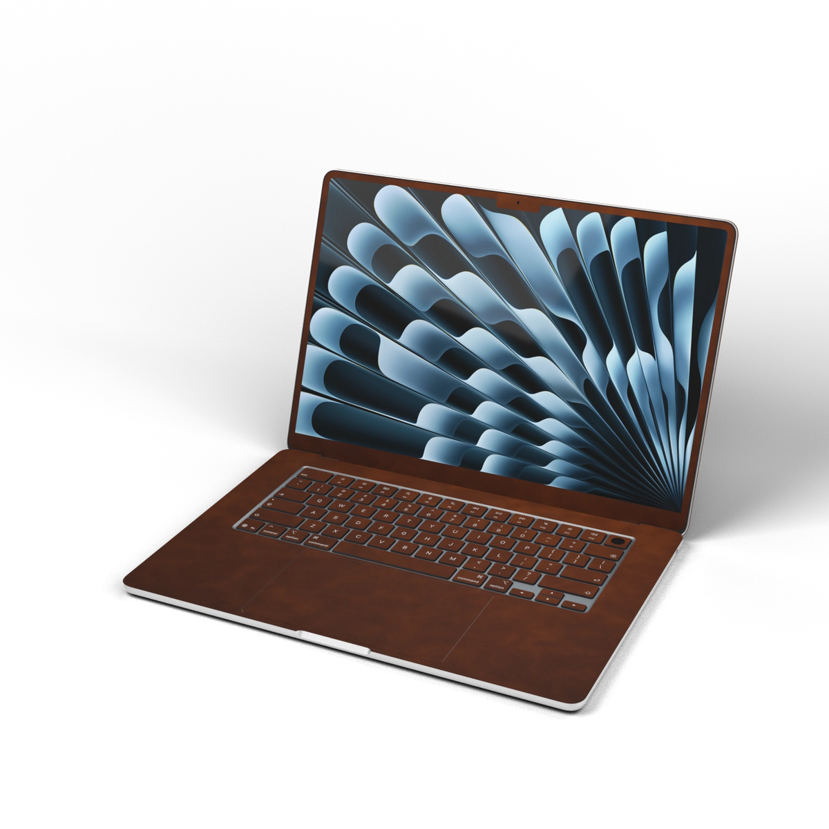 Coffee Brown scrub-textured synthetic leather MacBook skin. Open front material illustration. Air 15.3 M3-M5 shared material/installation reference; exact cutouts and included pieces follow the selected model and coverage. Laptop not included.