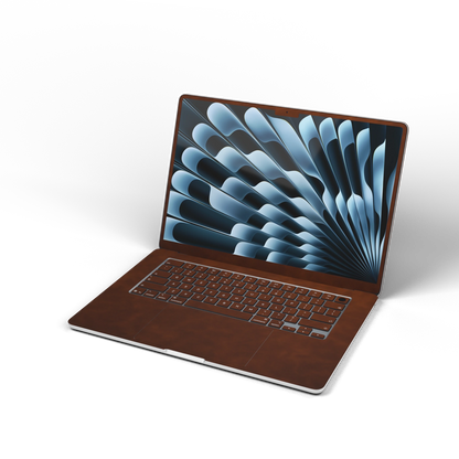 Coffee Brown scrub-textured synthetic leather MacBook skin. Open front material illustration. Air 15.3 M3-M5 shared material/installation reference; exact cutouts and included pieces follow the selected model and coverage. Laptop not included.