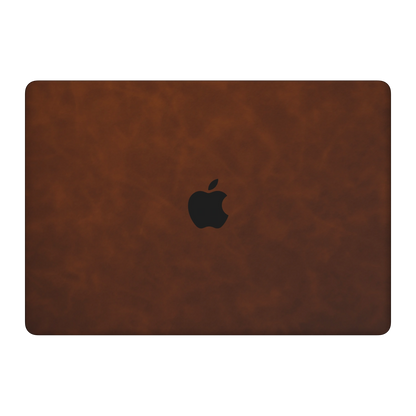 Coffee Brown scrub-textured synthetic leather MacBook skin. Top lid (A) material illustration. Air 15.3 M3-M5 shared material/installation reference; exact cutouts and included pieces follow the selected model and coverage. Laptop not included.