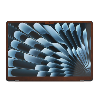 Coffee Brown scrub-textured synthetic leather MacBook skin. Screen-edge (B) material illustration; included only where the selected coverage/model supports it. Air 15.3 M3-M5 shared material/installation reference; exact cutouts and included pieces follow the selected model and coverage. Laptop not included.