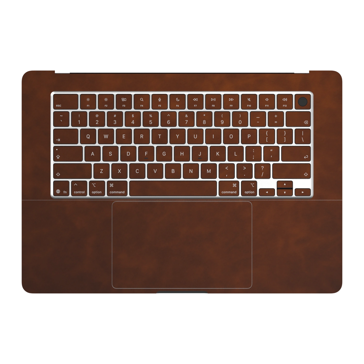 Coffee Brown scrub-textured synthetic leather MacBook skin. Inside (C) and matching keycap sticker material illustration. Air 15.3 M3-M5 shared material/installation reference; exact cutouts and included pieces follow the selected model and coverage. Laptop not included.