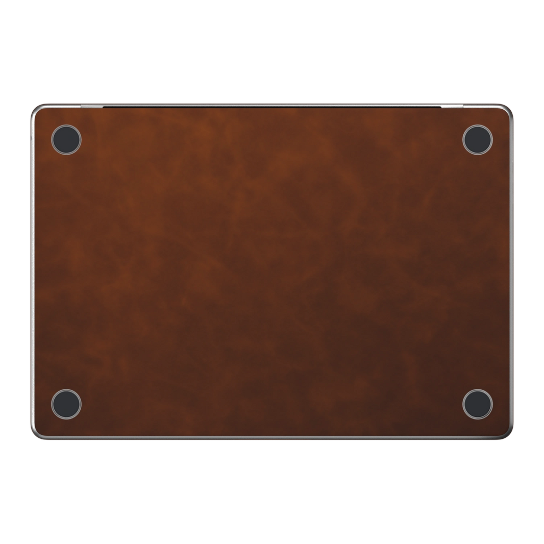 Coffee Brown scrub-textured synthetic leather MacBook skin. Bottom (D) material illustration; included only in coverage options with bottom pieces. Air 15.3 M3-M5 shared material/installation reference; exact cutouts and included pieces follow the selected model and coverage. Laptop not included.