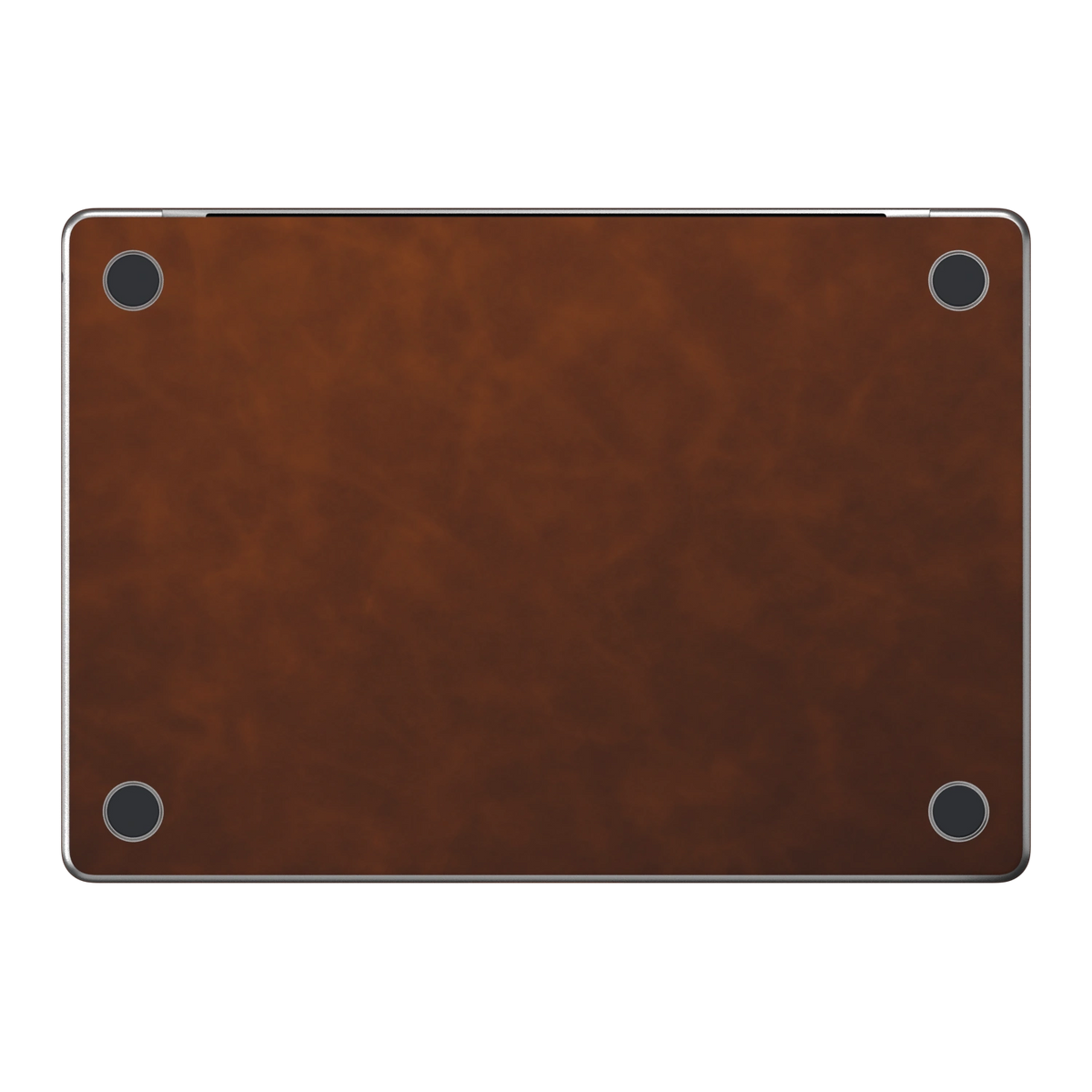 Coffee Brown scrub-textured synthetic leather MacBook skin. Bottom (D) material illustration; included only in coverage options with bottom pieces. Air 15.3 M3-M5 shared material/installation reference; exact cutouts and included pieces follow the selected model and coverage. Laptop not included.