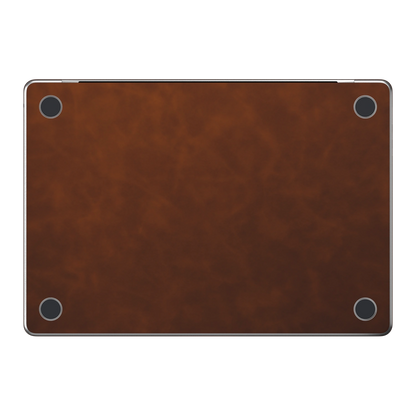 Coffee Brown scrub-textured synthetic leather MacBook skin. Bottom (D) material illustration; included only in coverage options with bottom pieces. Air 15.3 M3-M5 shared material/installation reference; exact cutouts and included pieces follow the selected model and coverage. Laptop not included.