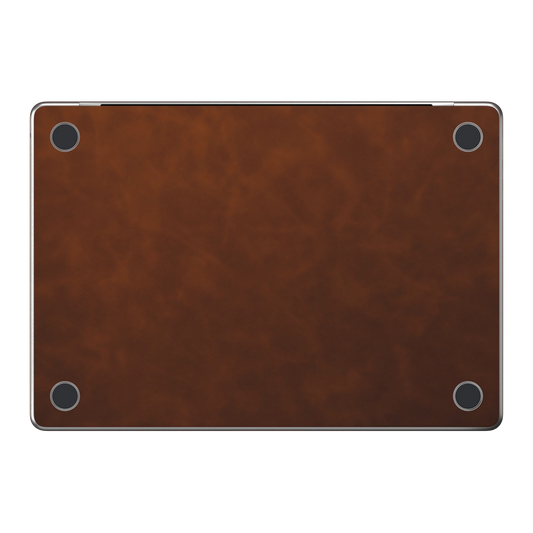 Coffee Brown scrub-textured synthetic leather MacBook skin. Bottom (D) material illustration; included only in coverage options with bottom pieces. Air 15.3 M3-M5 shared material/installation reference; exact cutouts and included pieces follow the selected model and coverage. Laptop not included.