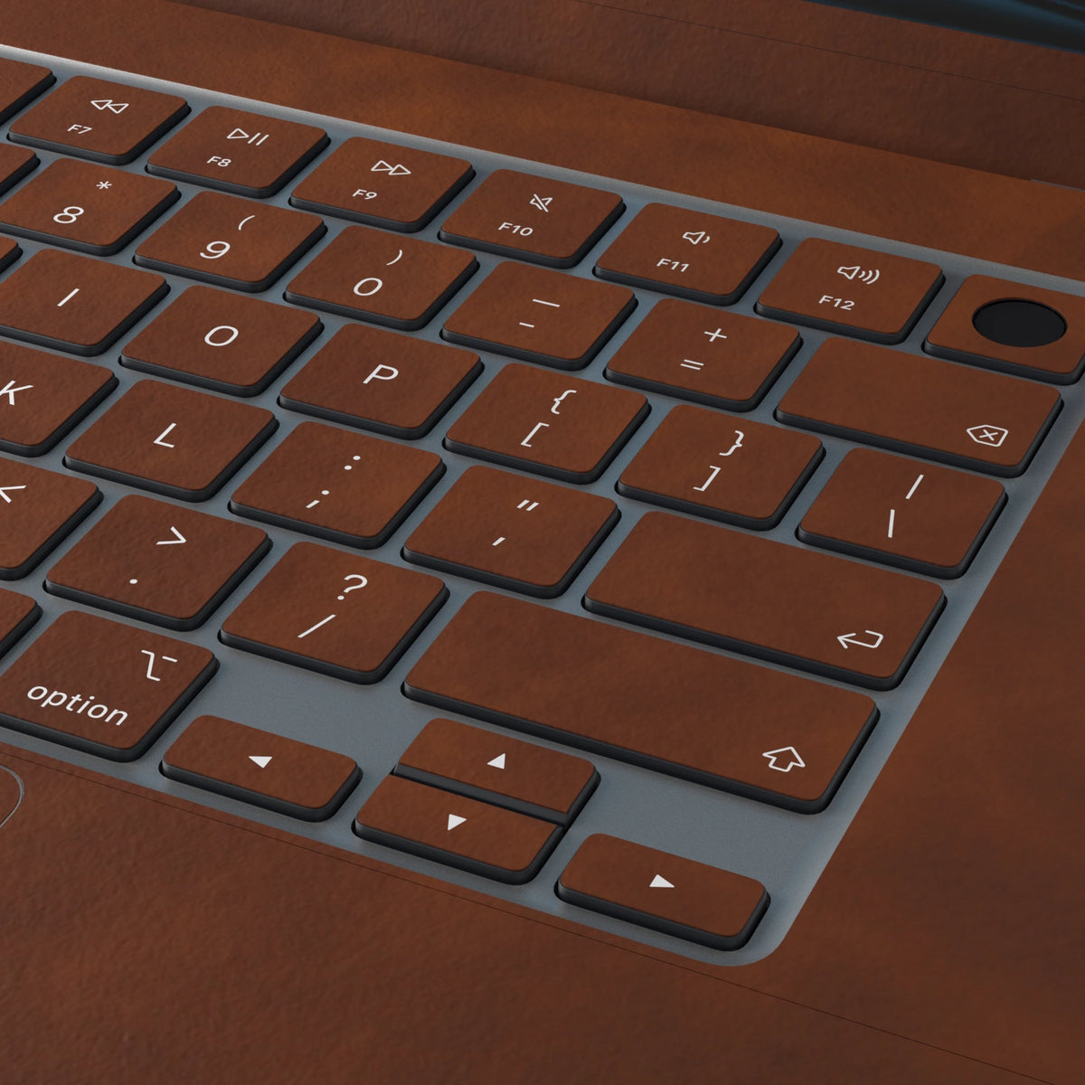 Coffee Brown scrub-textured synthetic leather MacBook skin. Close-up of the actual scrub-textured material finish. Air 15.3 M3-M5 shared material/installation reference; exact cutouts and included pieces follow the selected model and coverage. Laptop not included.