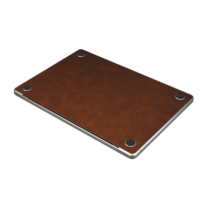 Coffee Brown scrub-textured synthetic leather MacBook skin. Bottom material detail. Air 15.3 M3-M5 shared material/installation reference; exact cutouts and included pieces follow the selected model and coverage. Laptop not included.
