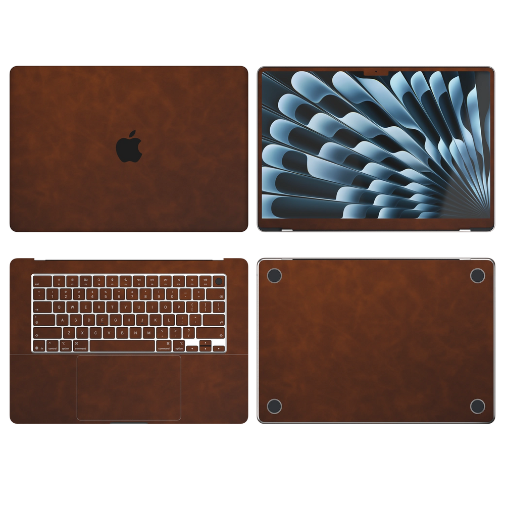 Coffee Brown scrub-textured synthetic leather MacBook skin. Top Inside Bottom & Screen edge coverage: A, B, C and D with matching keycap stickers where selected model supports it. Air 15.3 M3-M5 shared material/installation reference; exact cutouts and included pieces follow the selected model and coverage. Laptop not included.