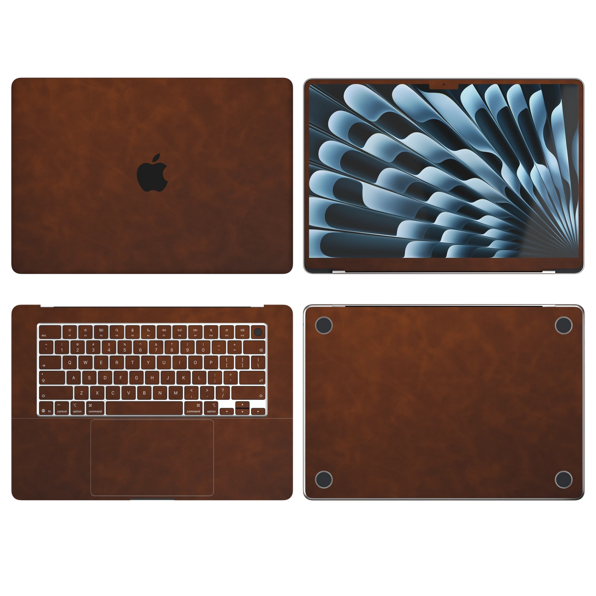 Coffee Brown scrub-textured synthetic leather MacBook skin. Top Inside Bottom & Screen edge coverage: A, B, C and D with matching keycap stickers where selected model supports it. Air 15.3 M3-M5 shared material/installation reference; exact cutouts and included pieces follow the selected model and coverage. Laptop not included.
