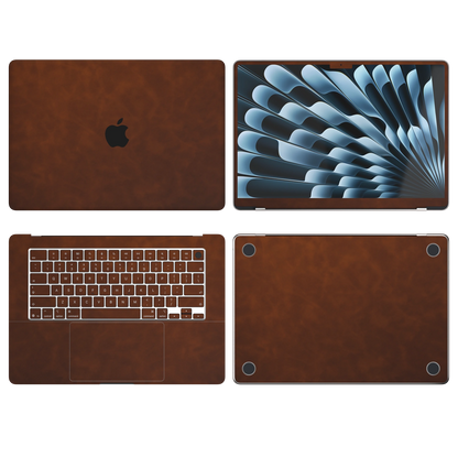 Coffee Brown scrub-textured synthetic leather MacBook skin. Top Inside Bottom & Screen edge coverage: A, B, C and D with matching keycap stickers where selected model supports it. Air 15.3 M3-M5 shared material/installation reference; exact cutouts and included pieces follow the selected model and coverage. Laptop not included.