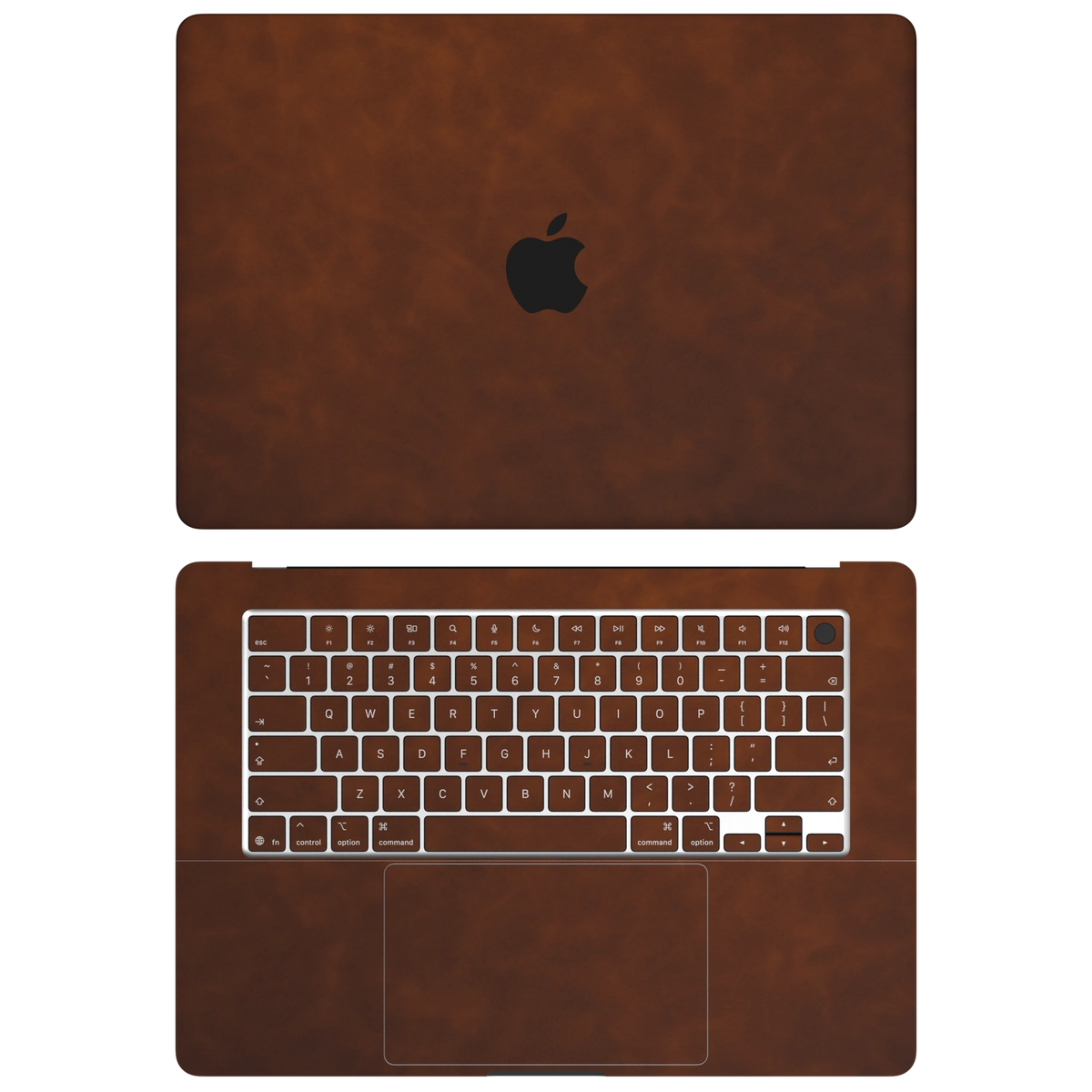 Coffee Brown scrub-textured synthetic leather MacBook skin. Top+Inside coverage: A and C with matching keycap stickers; no bottom or screen-edge pieces. Air 15.3 M3-M5 shared material/installation reference; exact cutouts and included pieces follow the selected model and coverage. Laptop not included.