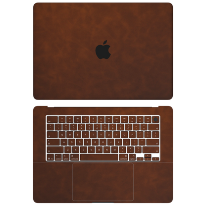 Coffee Brown scrub-textured synthetic leather MacBook skin. Top+Inside coverage: A and C with matching keycap stickers; no bottom or screen-edge pieces. Air 15.3 M3-M5 shared material/installation reference; exact cutouts and included pieces follow the selected model and coverage. Laptop not included.