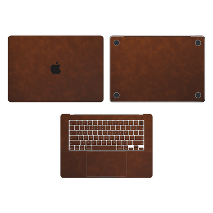 Coffee Brown scrub-textured synthetic leather MacBook skin. Top Inside & Bottom Wraps coverage: A, C and D with matching keycap stickers; no screen-edge pieces. Air 15.3 M3-M5 shared material/installation reference; exact cutouts and included pieces follow the selected model and coverage. Laptop not included.