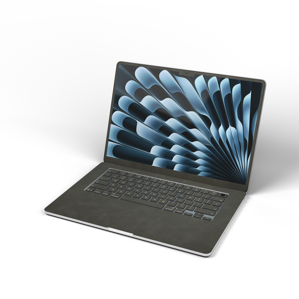 Dark Gray scrub-textured synthetic leather MacBook skin. Open front material illustration. Air 15.3 M3-M5 shared material/installation reference; exact cutouts and included pieces follow selected model and coverage. Laptop not included.
