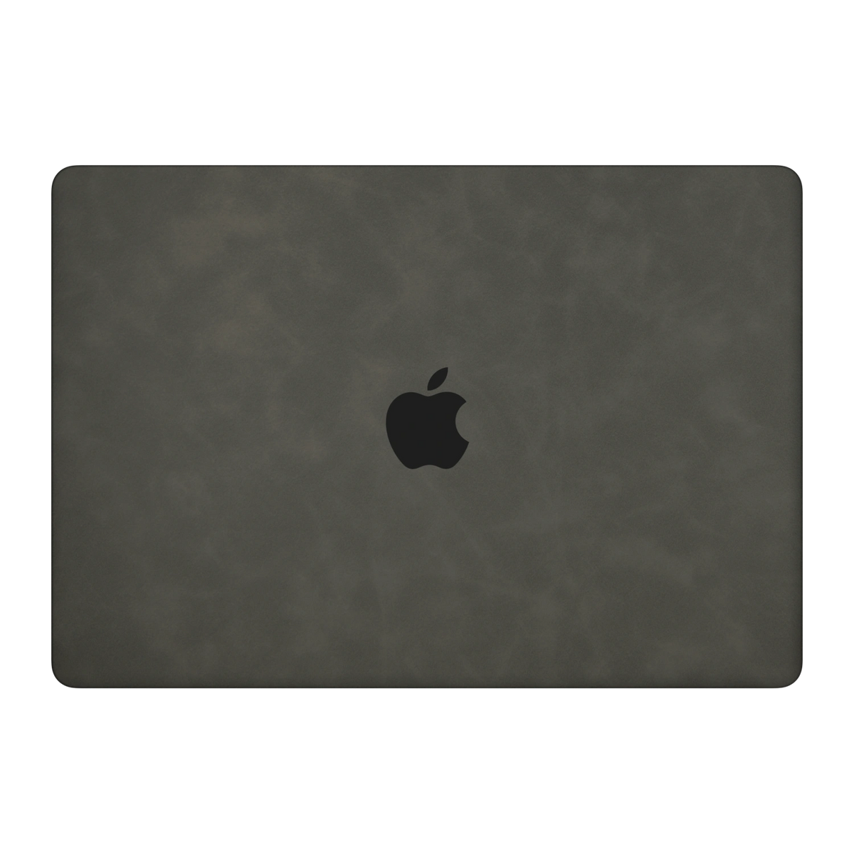 Dark Gray scrub-textured synthetic leather MacBook skin. Top lid (A) material illustration. Air 15.3 M3-M5 shared material/installation reference; exact cutouts and included pieces follow selected model and coverage. Laptop not included.
