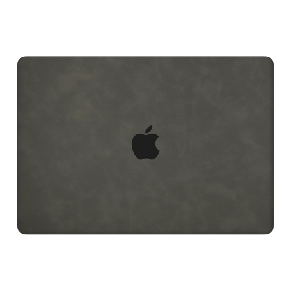 Dark Gray scrub-textured synthetic leather MacBook skin. Top lid (A) material illustration. Air 15.3 M3-M5 shared material/installation reference; exact cutouts and included pieces follow selected model and coverage. Laptop not included.