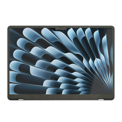 Dark Gray scrub-textured synthetic leather MacBook skin. Screen edge (B) material illustration, only included where selected coverage/model supports it. Air 15.3 M3-M5 shared material/installation reference; exact cutouts and included pieces follow selected model and coverage. Laptop not included.