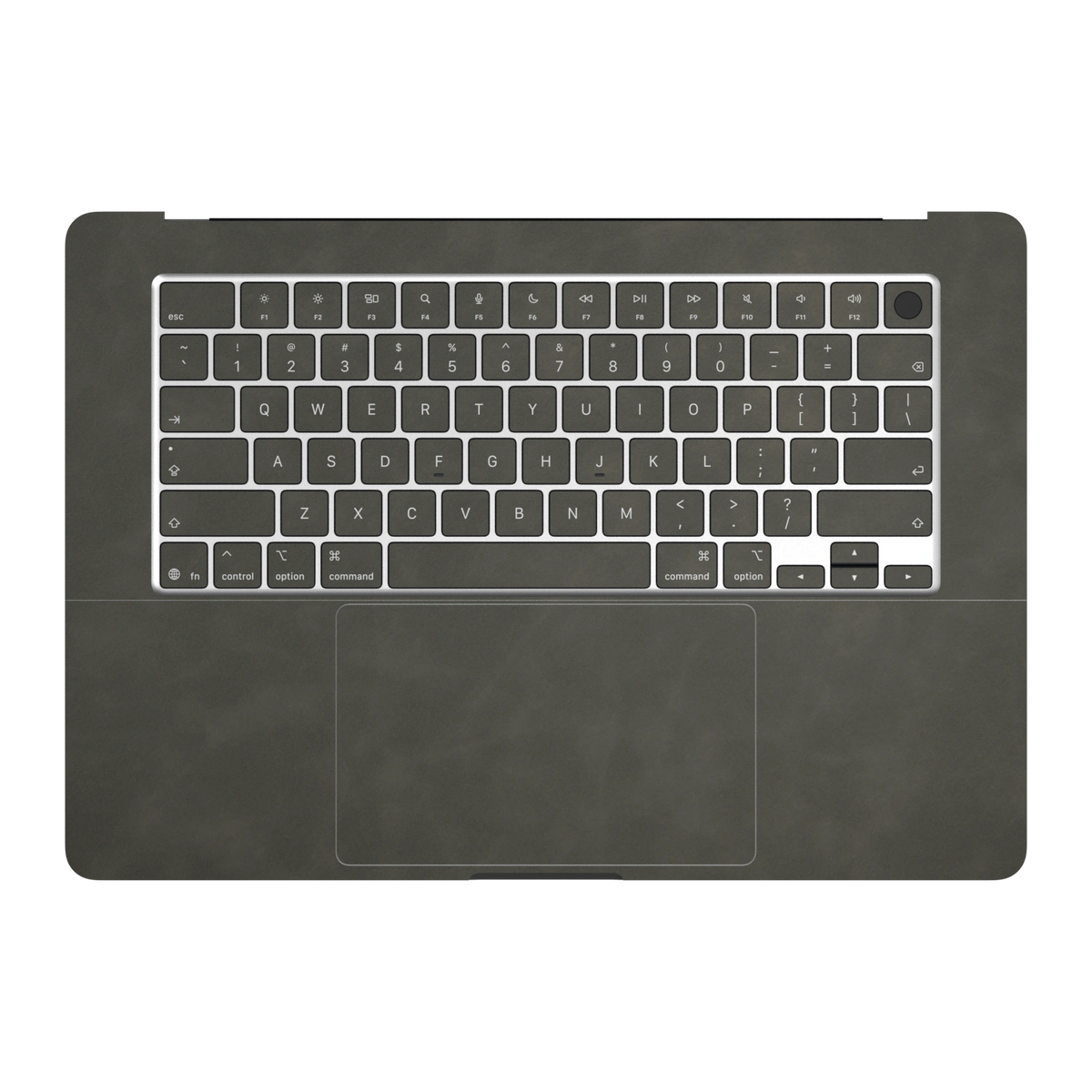 Dark Gray scrub-textured synthetic leather MacBook skin. Inside (C) and matching keycap material illustration. Air 15.3 M3-M5 shared material/installation reference; exact cutouts and included pieces follow selected model and coverage. Laptop not included.