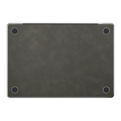 Dark Gray scrub-textured synthetic leather MacBook skin. Bottom (D) material illustration; included only with bottom coverage. Air 15.3 M3-M5 shared material/installation reference; exact cutouts and included pieces follow selected model and coverage. Laptop not included.
