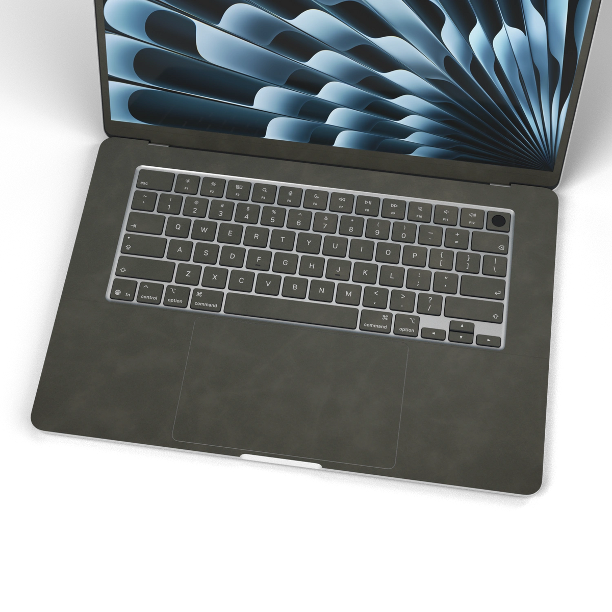 Dark Gray scrub-textured synthetic leather MacBook skin. Wide keyboard and inside material detail. Air 15.3 M3-M5 shared material/installation reference; exact cutouts and included pieces follow selected model and coverage. Laptop not included.