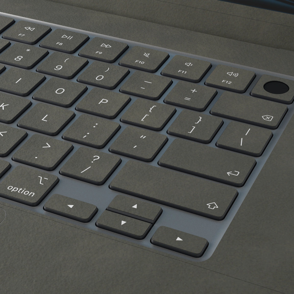 Dark Gray scrub-textured synthetic leather MacBook skin. Close-up of the actual scrub-textured material finish. Air 15.3 M3-M5 shared material/installation reference; exact cutouts and included pieces follow selected model and coverage. Laptop not included.