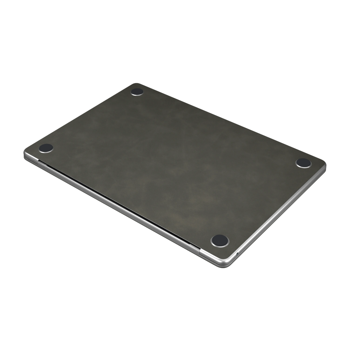 Dark Gray scrub-textured synthetic leather MacBook skin. Bottom material detail. Air 15.3 M3-M5 shared material/installation reference; exact cutouts and included pieces follow selected model and coverage. Laptop not included.