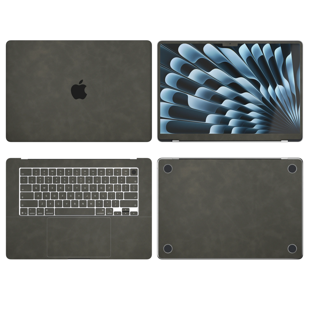 Dark Gray scrub-textured synthetic leather MacBook skin. Top Inside Bottom & Screen edge coverage: A, B, C and D with matching keycaps, where supported by selected model. Air 15.3 M3-M5 shared material/installation reference; exact cutouts and included pieces follow selected model and coverage. Laptop not included.