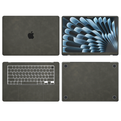 Dark Gray scrub-textured synthetic leather MacBook skin. Top Inside Bottom & Screen edge coverage: A, B, C and D with matching keycaps, where supported by selected model. Air 15.3 M3-M5 shared material/installation reference; exact cutouts and included pieces follow selected model and coverage. Laptop not included.