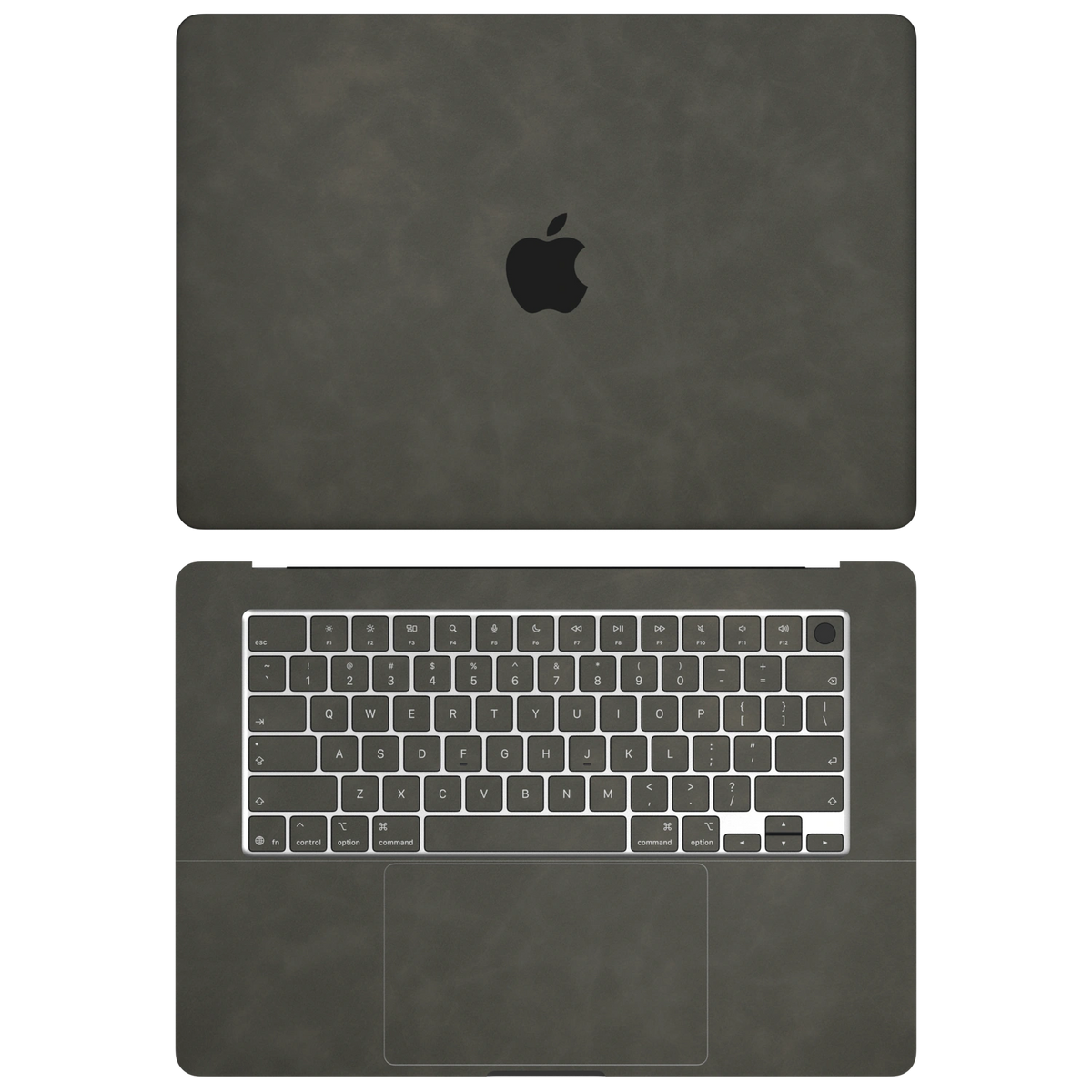 Dark Gray scrub-textured synthetic leather MacBook skin. Top+Inside coverage: A and C with matching keycaps; no bottom or screen-edge pieces. Air 15.3 M3-M5 shared material/installation reference; exact cutouts and included pieces follow selected model and coverage. Laptop not included.