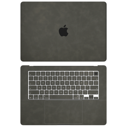 Dark Gray scrub-textured synthetic leather MacBook skin. Top+Inside coverage: A and C with matching keycaps; no bottom or screen-edge pieces. Air 15.3 M3-M5 shared material/installation reference; exact cutouts and included pieces follow selected model and coverage. Laptop not included.