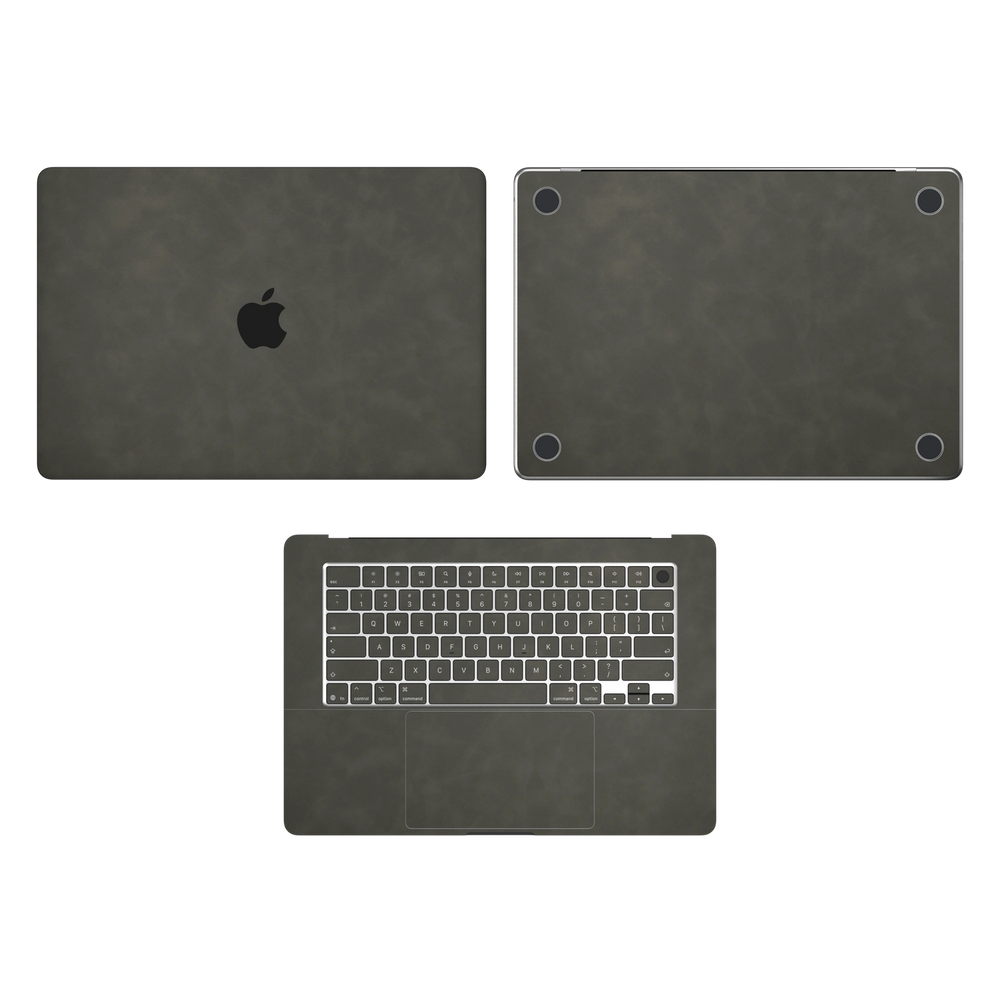 Dark Gray scrub-textured synthetic leather MacBook skin. Top Inside & Bottom Wraps coverage: A, C and D with matching keycaps; no screen edge. Air 15.3 M3-M5 shared material/installation reference; exact cutouts and included pieces follow selected model and coverage. Laptop not included.