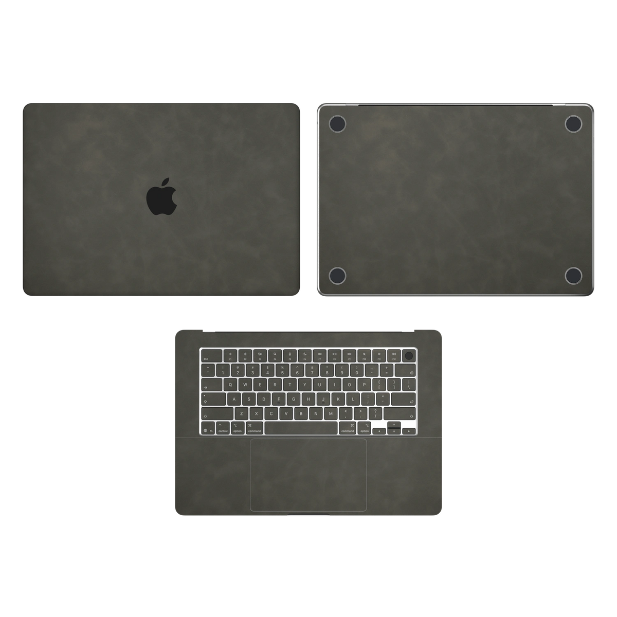 Dark Gray scrub-textured synthetic leather MacBook skin. Top Inside & Bottom Wraps coverage: A, C and D with matching keycaps; no screen edge. Air 15.3 M3-M5 shared material/installation reference; exact cutouts and included pieces follow selected model and coverage. Laptop not included.