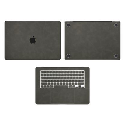 Dark Gray scrub-textured synthetic leather MacBook skin. Top Inside & Bottom Wraps coverage: A, C and D with matching keycaps; no screen edge. Air 15.3 M3-M5 shared material/installation reference; exact cutouts and included pieces follow selected model and coverage. Laptop not included.