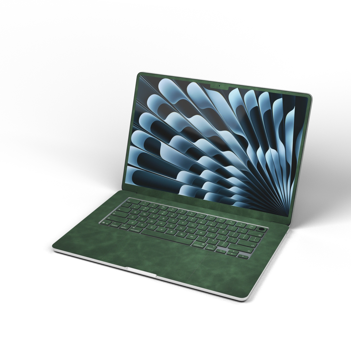 Green scrub-textured synthetic leather MacBook skin. Open front material illustration. Air 15.3 M3-M5 shared material/installation reference; exact cutouts and included pieces follow selected model and coverage. Laptop not included.