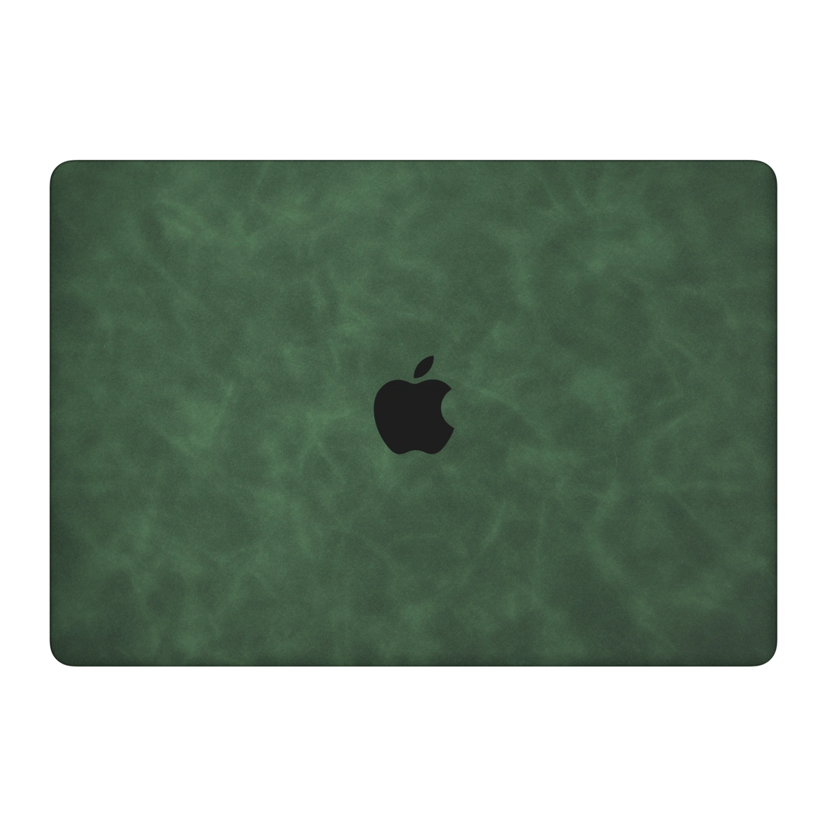 Green scrub-textured synthetic leather MacBook skin. Top lid (A) material illustration. Air 15.3 M3-M5 shared material/installation reference; exact cutouts and included pieces follow selected model and coverage. Laptop not included.
