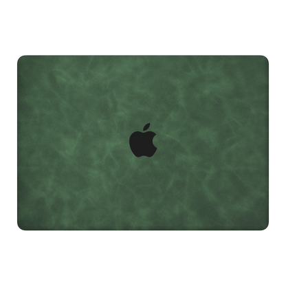 Green scrub-textured synthetic leather MacBook skin. Top lid (A) material illustration. Air 15.3 M3-M5 shared material/installation reference; exact cutouts and included pieces follow selected model and coverage. Laptop not included.